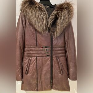 Leather winter jacket with real fur, Size S